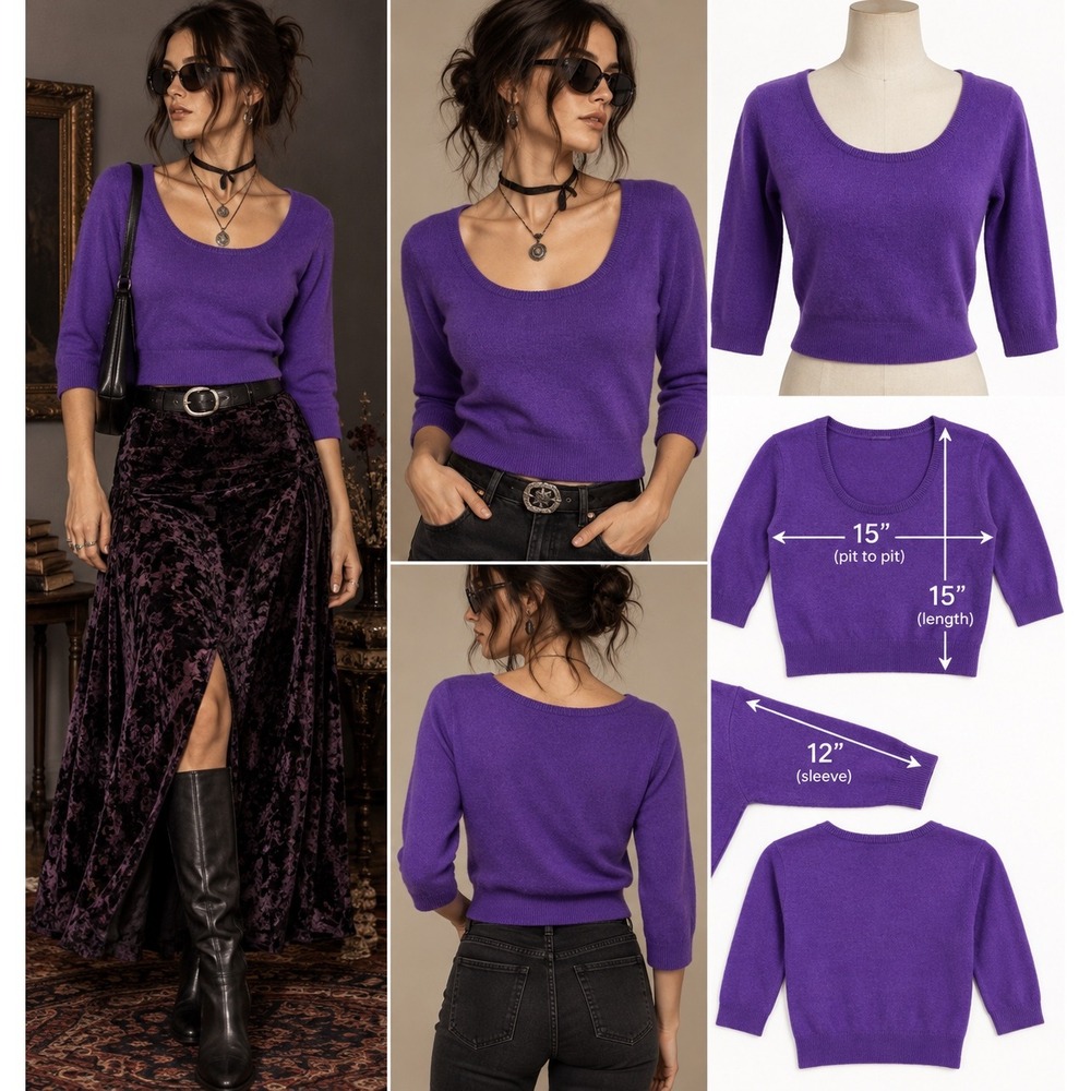 FlowerinMood 100% Wool Purple Cropped Sweater S Y2K Whimsigoth Fairy Grunge